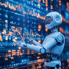 Robot, Artificial Intelligence, Analyzing Financial Data. Futuristic Technology Concept.