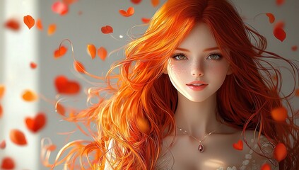 A beautiful anime girl with long, flowing red hair in an elegant dress, smiling and looking at the camera, surrounded by colorful petals floating around her.