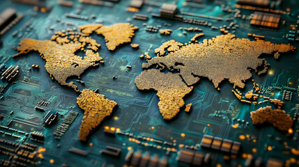 A close-up view of a microelectronic circuit with a world map design on its surface, symbolizing global connectivity and integration in the technology industry.