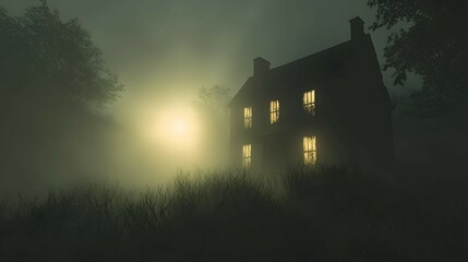 Ethereal Haunted House in Misty Fog