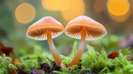 A pair of mushrooms growing side by side, their caps touching, creating a sense of unity in nature.