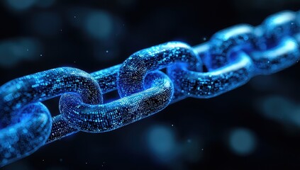 A blue digital chain with binary code, symbolizing the information flow in blockchain technology. 