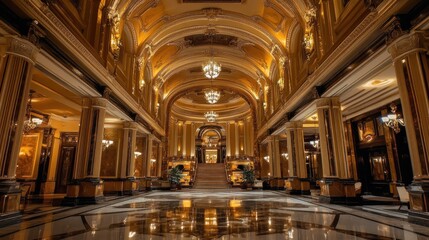 Obraz premium Luxurious hotel lobby featuring ornate architecture and elegant lighting.