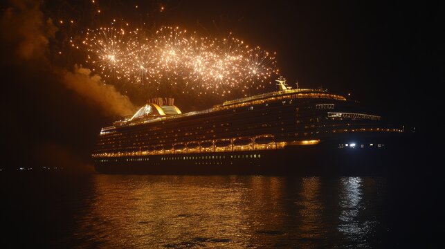 Spectacular New Years Eve fireworks illuminate a cruise ship as passengers celebrate on deck in the ocean