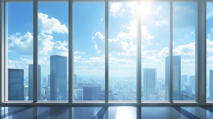 Fototapeta premium A panoramic view through a modern office window, with skyscrapers and blue sky outside.