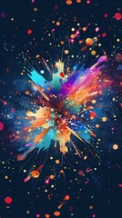 Vibrant Abstract Explosion of Colors on Dark Background with Dynamic Paint Splashes and Dots