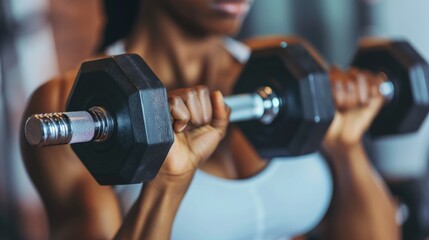 A close-up of a determined woman's hands gripping dumbbells during a challenging gym class, muscles defined and engaged