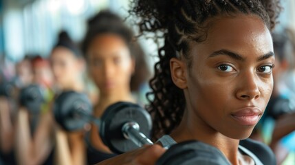 Fototapeta premium A close-up of a determined woman's hands gripping dumbbells during a challenging gym class, muscles defined and engaged