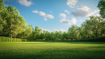 A lush green meadow with trees in the background, under a bright blue sky with fluffy clouds.