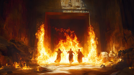 The Fiery Furnace With Shadrach, Meshach, and Abednego Amidst Flames