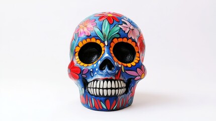 Vibrant hand-painted ceramic skull adorned with intricate floral designs, perfect for Day of the Dead or Mexican-themed decor.