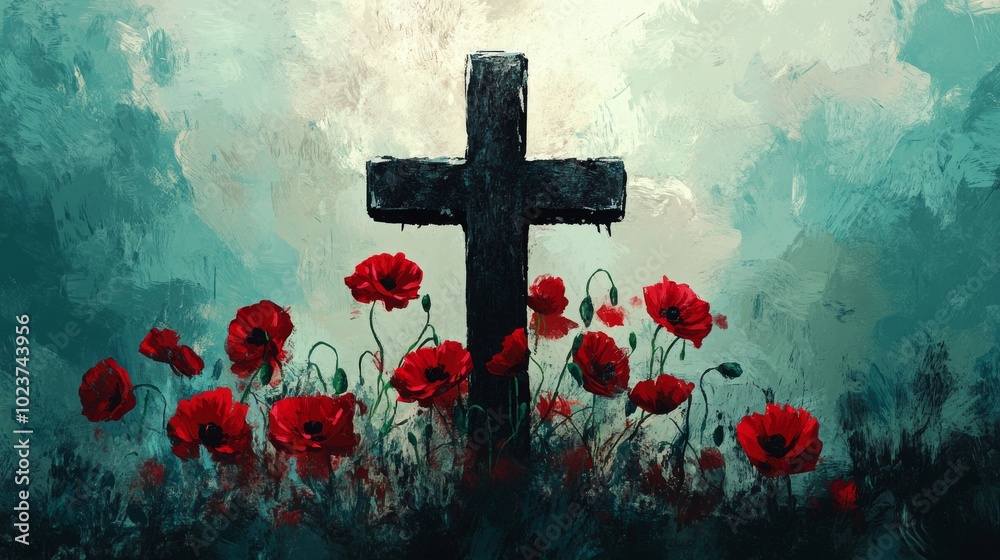 Wall mural Detailed illustration of a remembrance cross with red poppies growing around it, symbolizing sacrifice and memory.