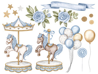 Carousel watercolor clipart. Blue carousel Horse. Nursery clipart. Amusement Park. Vintage hourse © Oksana