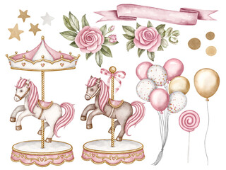 Carousel watercolor clipart. Pink carousel Horse. Nursery clipart. Amusement Park. Vintage hourse © Oksana