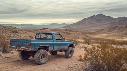 A blue pickup truck drives on a dirt road in a desert landscape, mountains in the distance, with a cloudy sky above.