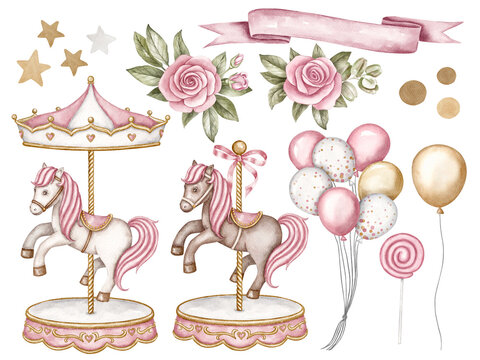 Carousel watercolor clipart. Pink carousel Horse. Nursery clipart. Amusement Park. Vintage hourse