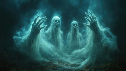 ghostly hands emerge from the ground ethereal and spectral reaching toward the surface in a haunting display embodying the allure of halloween and the spirit world