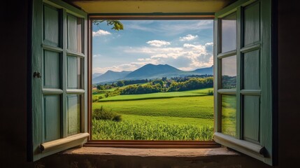 A picturesque countryside view through an open window, with green fields and mountains in the background.