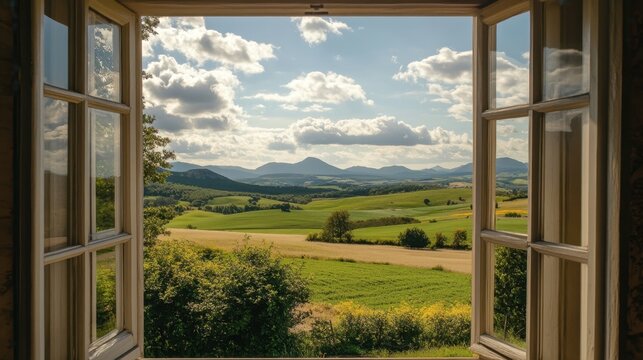 Fototapeta A picturesque countryside view through an open window, with green fields and mountains in the background.