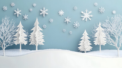 Winter wonderland with paper cut trees and snowflakes against a light blue background