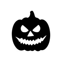 Spooky Halloween pumpkin silhouette illustration. Laughing Jack o lantern graphic monochrome drawing. Hand drawn outline sketch, engraved illustration. For party invitation, decoration, banner