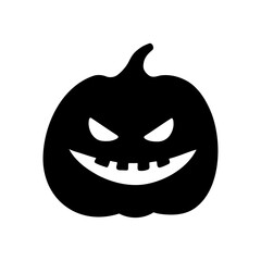Spooky Halloween pumpkin silhouette illustration. Laughing Jack o lantern graphic monochrome drawing. Hand drawn outline sketch, engraved illustration. For party invitation, decoration, banner