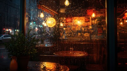 A rainy night outside a cozy caf window, with warm light glowing from inside.