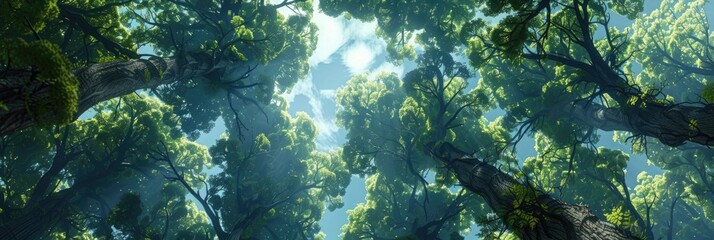 Fototapeta premium A panoramic view of the canopy from below, showcasing tall trees with lush green leaves in an expansive forest setting
