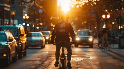 Fototapeta premium Cyclist riding through a busy downtown area at dusk