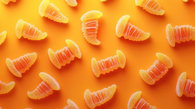 Halloween themed backdrop featuring gummy vampire teeth candy on a vibrant orange surface - Powered by Adobe