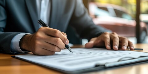 Fototapeta premium Man signing car insurance document or lease paper. Writing signature on contract or agreement. car on desk