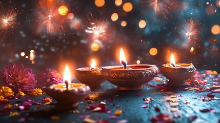 A table with four lit candles in small bowls
