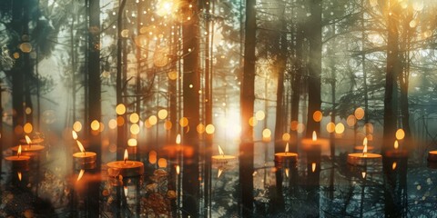 Naklejka premium Double exposure of holiday candles and a serene forest.