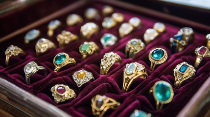 Fototapeta premium A showcase of vintage rings, each with a unique gemstone, arranged in a velvet-lined box.