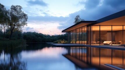 Obraz premium A sleek modern house with floor-to-ceiling windows overlooking a tranquil lake at dusk.