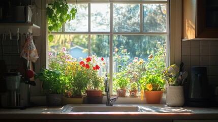 A small kitchen window offering a view of a flower-filled backyard, with soft sunlight streaming in.