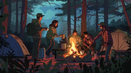 Illustration of Group of campers preparing a meal over a campfire