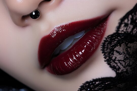 A person with a stylish vertical labret piercing below their lip, paired with a small nose ring, creating a chic and modern look