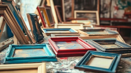 A table filled with picture frames in various stages of being painted for a craft project.