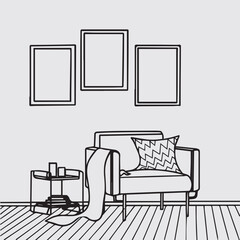 Interior design with modern living room in black sketch line on white background. Line drawing of Living room with modern furniture editable stroke. Living room line. Modern interior and furniture.