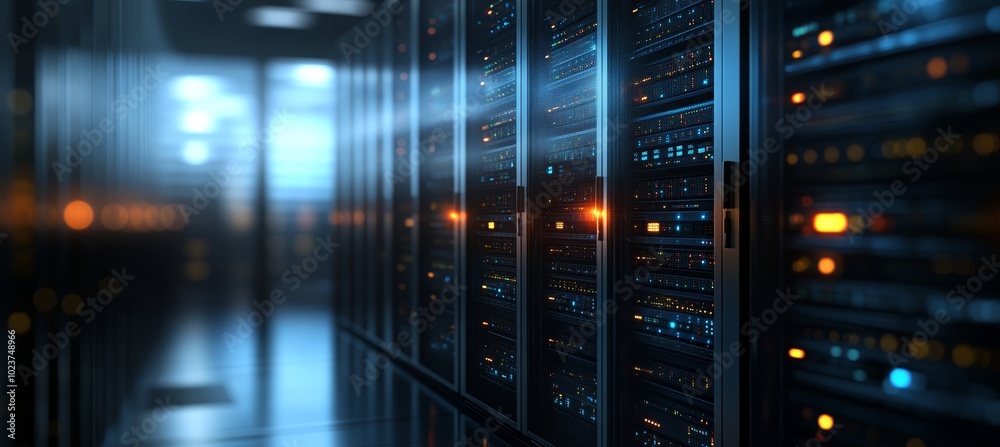 Poster modern data center rows of server racks with flashing lights, big data storage and processing