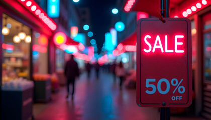 Neon sale sign with 50% off in vibrant shopping street at night