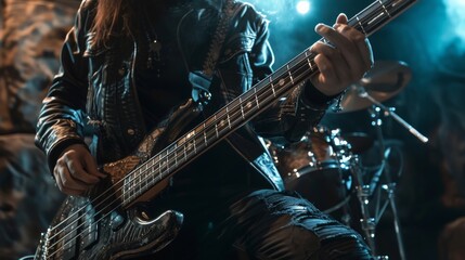 Obraz premium Rock bassist playing a powerful riff on stage
