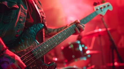 Fototapeta premium Rock bassist playing a powerful riff on stage