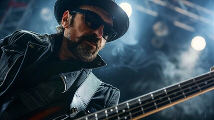 Obraz premium Rock bassist playing a powerful riff on stage