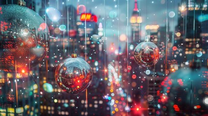 A cityscape with Christmas lights and ornaments hanging from the sky. The lights and ornaments are reflecting off the buildings, creating a festive and lively atmosphere