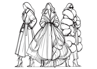 Fashion models sketch. Autumn outfit. Sketch set