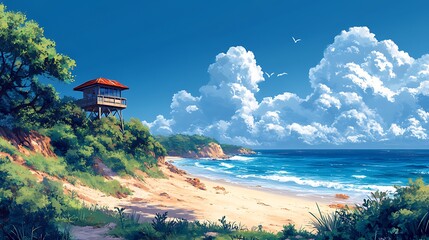 A small wooden cabin sits on a cliff overlooking a sandy beach with blue ocean water and a bright blue sky with white fluffy clouds.