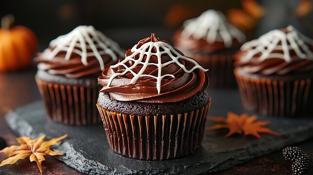 Spider web cupcakes, decorated with rich chocolate frosting and a white icing web, perfect for a creepy yet tasty treat, 