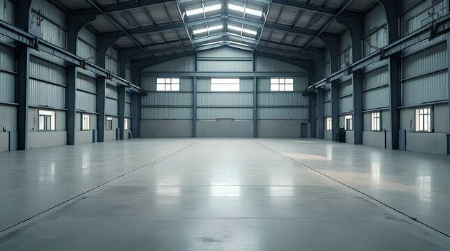 Concrete floor inside industrial building. Use as large factory, warehouse, storehouse, hangar or plant. Modern interior with metal wall and steel structure, garage empty space industry background.